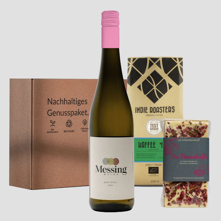 Nachhaltiges Genusspaket – Geschenkset Wein, Schokolade und Kaffee