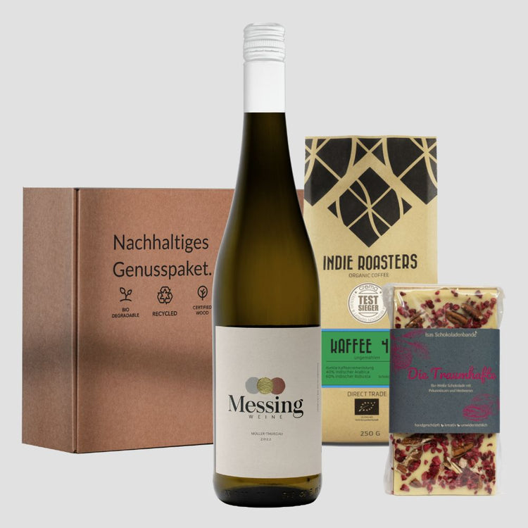 Nachhaltiges Genusspaket – Geschenkset Wein, Schokolade und Kaffee