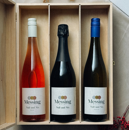 3x Messing Null und Nix (alkoholfrei) + Holzbox