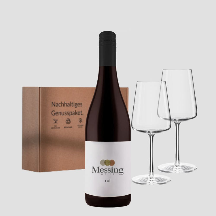 Messing Geschenk-Paket (Wein 0,75l + 2x Glas)