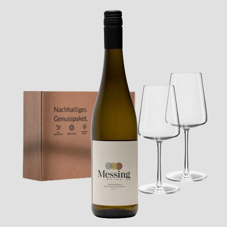 Messing Geschenk-Paket (Wein 0,75l + 2x Glas)