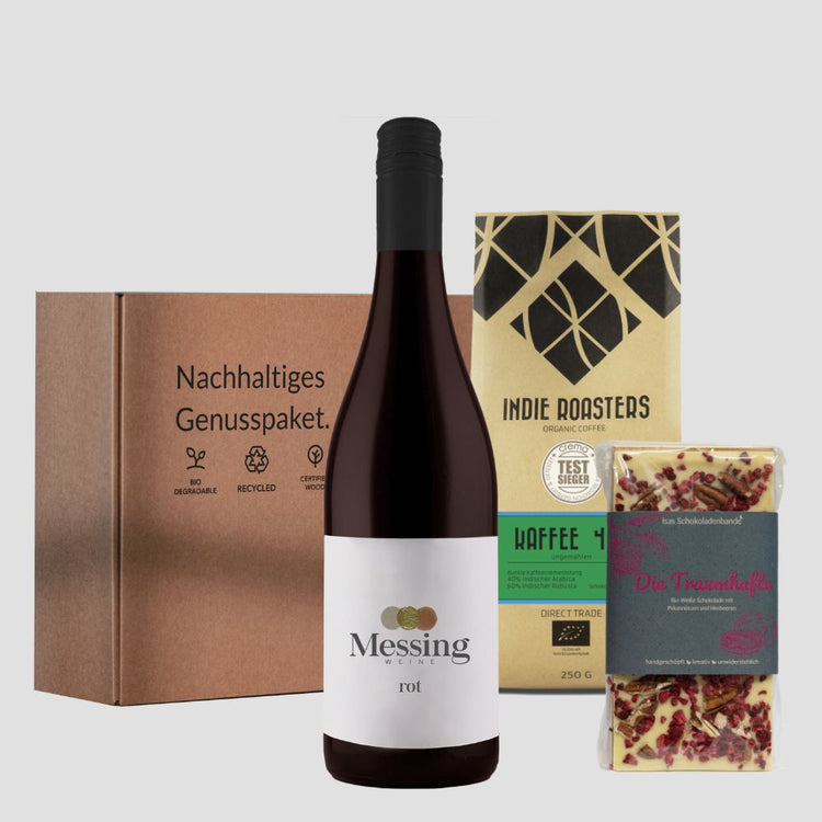 Nachhaltiges Genusspaket – Geschenkset Wein, Schokolade und Kaffee